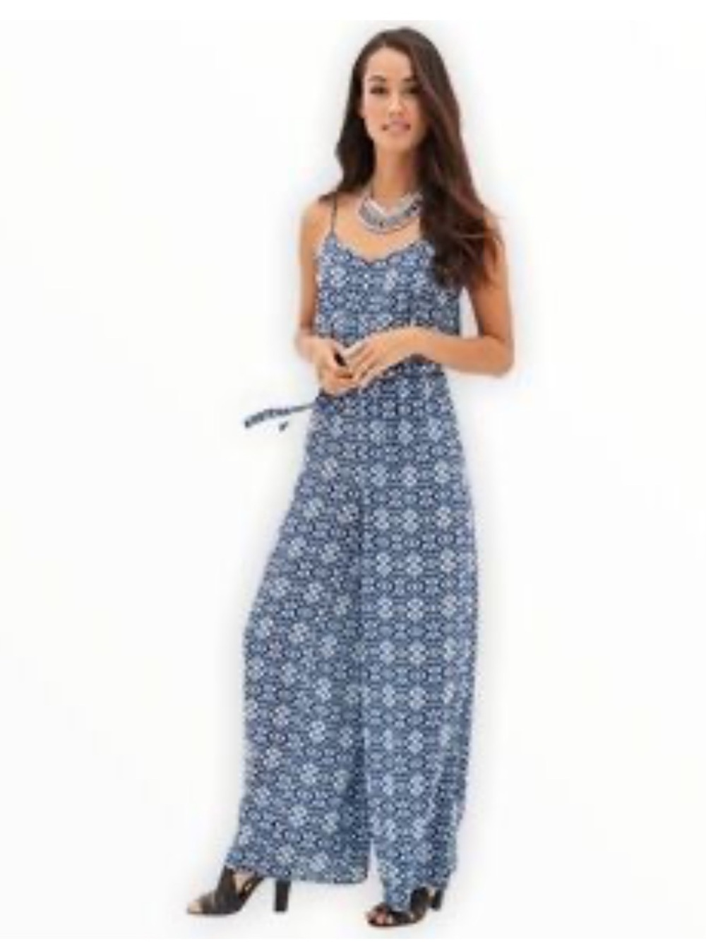 Forever 21 Navy Printed Wide-Leg Romper Jumpsuit